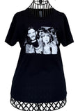 Black t-shirt with graphic design of Ozzy Osbourne and Lemmy in white