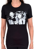 Black t-shirt with graphic design of a Ozzy Osbourne and Lemmy in white