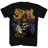 Close-up of Ghost New Pope black t-shirt featuring the band name logo in yellow and burgundy text along with an illustration of a pope holding the Ghost logo in his prayer hands, displayed on a white background.