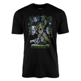 Close-up of Chaney Family Legends black t-shirt featuring a collage of the various Chaney monsters along with the text 'the first family of horror Chaney' in green across the bottom, displayed on a white background.