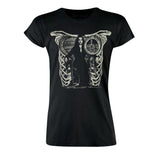 Close-up of Morticia Addams black t-shirt featuring an image of her sitting in a chair fashioned after a ribcage, photographed flat on a white background.