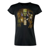 Close-up of Universal Monsters Color Collage black t-shirt featuring imagery of Frankenstein, Bride of Frankenstein, Wolfman, Dracula, Creature from the Black Lagoon, and Invisible man, photographed flat on a white background.