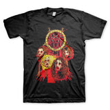 Close-up of Slayer Decap black t-shirt featuring an illustration of the band members decapitated heads dripping in blood along with the band circular logo above the image, displayed against a white background.