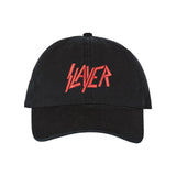 Black baseball cap featuring the red Slayer band logo embroidered on the front, photographed on a white background.
