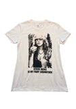 White t-shirt with black and white graphic of Stevie Nicks and text on a white background