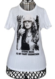 White t-shirt with black and white graphic of Stevie Nicks and text 'Stevie Nicks is my fairy godmother' on a white background.