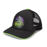 Black Beetlejuice baseball hat with a purple circular graphic on the front panel featuring Beetlejuice and neon green text reading 'Beetlejuice Beetlejuice Beetlejuice'. The hat has a black brim with a bright neon green trim, a matching neon green button on top, and a black mesh back.  Photographed on a white background.