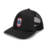 Black Lost Boys trucker hat featuring a rectangular patch on the front with the movie name and vampire mouth in blue, red, and white details and a black mesh back, photographed on a white background.