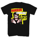 Misfits Horror Business black t-shirt featuring artwork from the 7inch single along with the words 'Horror Business The Misfits' in various different large fonts red, white, black and yellow outline around all, displayed on a translucent background.