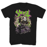 Close-up of Ghost Papa Point black t-shirt featuring a large band logo in bright green and purple font along with a colorful illustration of Papa pointing up above a scene of band members performing, displayed on a translucent background.