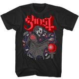 Close-up of Ghost Dealer's Luck black t-shirt featuring artwork from the album and the band name logo in red and burgundy text, displayed on a white background.