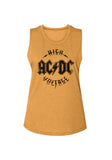 AC/DC High Voltage golden yellow sleeveless t-shirt featuring black lettering for "AC/DC High Voltage", photographed flat on a white background.