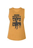 Mustard yellow sleeveless Bon Scott t-shirt featuring an image of him standing and 4 various headshot images on a white background.