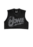 Black Bowie sleeveless crop top t-shirt featuring the Bowie logo in distressed white text, on a white background.