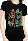 Creature of the Black Lagoon black t-shirt featuring a colorful image from the torso up of the creature along with Japanese lettering in blue and yellow, photographed on a model on a white background.