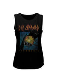 Def Leppard Pyromania black sleeveless t-shirt featuring the album artwork, photographed flat on a white background.