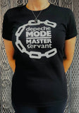 A person wearing a black short-sleeve T-shirt with a large white graphic print that reads 'depeche MODE MASTER and servant' inside a chain-link circle, standing in front of a gate.