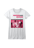 Duran Duran Debut Album white t-shirt featuring the album artwork in shades of pink with the text "Duran Duran" at the top, photographed flat on a white background.