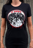 Front of Electric Wizard I Hate Electric Wizard black t-shirt featuring I Hate circular artwork, on a model against a metal gate background.