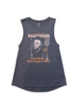 Heather grey Halloween Spanish movie poster tank top featuring a black, white, and orange image of Michael Myers holding a knife and Spanish text that says 'La Noche De Halloween, todo el mundo tiene derecho a un buen susto, La Noche Que Llegó A Casa!', displayed flat on a white background.