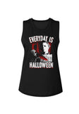 Black sleeveless Halloween movie t-shirt featuring a white and red image of Michael Myers holding a bloody knife and white with red blood dripping text in large letters that says 'Everyday is Halloween', on a white background.