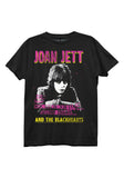Black Joan Jett and the Blackhearts Second Chance March 15th 1981 show t-shirt featuring an image of her with large pink with yellow letters for 'Joan Jett' at the top and yellow letters for 'and the blackhearts' at the bottom, with pink knockout text for the second chance venue info in the middle, on a white background.