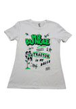 A white short-sleeve t-shirt with a green and black graphic print on the front. The graphic features the word 'BUNGLE' in large green letters, doodle drawings of flying bugs, and the text 'THERE'S A TRACTOR in my BALLS'.