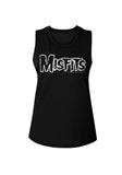 Misfits logo black sleeveless t-shirt featuring the classic logo in white outlined lettering, photographed flat on a white background.