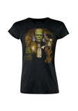 Universal Monsters Color Collage black t-shirt featuring imagery of Frankenstein, Bride of Frankenstein, Wolfman, Dracula, Creature from the Black Lagoon, and Invisible man, photographed flat on a white background.