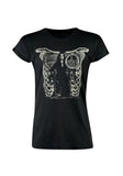 Morticia Addams black t-shirt featuring an image of her sitting in a chair fashioned after a ribcage, photographed flat on a white background.
