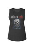 Motley Crue black sleeveless t-shirt featuring the band logo with "Motley" in white and "Crue" in red lettering along with an illustration of a skull with handcuffs, photographed flat on a white background.