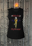 Motley Crue Dr Feelgood black sleeveless t-shirt featuring the album artwork, photographed flat on a metal gate background.