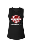 Motley Crue Hollywood black sleeveless t-shirt featuring a motorcycle  symbol with the band logo and the words "Girls, Girls, Girls" in white and red along with "Hollywood, CA" in large white letters, photographed flat on a white background.