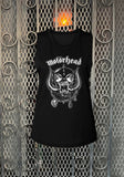 Motorhead black sleeveless t-shirt featuring the logo and image of the war pig in white, photographed flat on a metal gate background.
