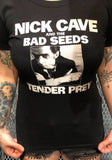 Black Nick Cave and the Bad Seeds Tender Prey t-shirt featuring the album cover artwork, on a model against a metal gate background.