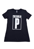 A black short-sleeve crewneck t-shirt featuring a bold white graphic on the front with the text 'PORTISHEAD' above a large letter 'P' inside a rectangular border.