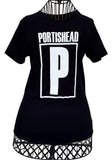 A black short-sleeve t-shirt displayed on a black wire hanger mannequin against a plain white background. The shirt features a large white graphic print on the front with the text 'PORTISHEAD' above a large block letter 'P' inside a thin square border.