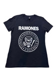 Ramones black t-shirt featuring the classic logo with a graphic image of an eagle in the middle and "Johnny Joey DeeDee Tommy" in a circle around it and the Ramones logo across the top, photographed flat on a white background.