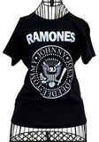 Ramones black t-shirt featuring the classic logo with a graphic image of an eagle in the middle and "Johnny Joey DeeDee Tommy" in a circle around it and the Ramones logo across the top, photographed on a metal mannequin on a white background.