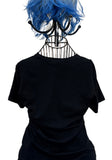 Back of Ramones black t-shirt with no graphics, photographed on a metal mannequin on a white background.