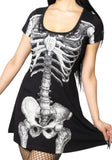 Black fit and flare dress with white skeleton torso print, photographed on a model on a white background.