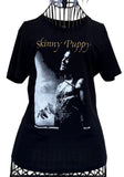 Front of Skinny Puppy Greyhound London black t-shirt featuring the venue artwork for the show on May 25th, 1988, photographed on a wire mannequin against a white background.
