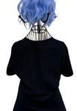 Back of Skinny Puppy Greyhound London black t-shirt with no graphics, photographed on a wire mannequin against a white background.