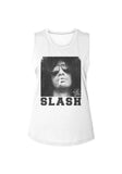 Slash white sleeveless t-shirt featuring a black and white image of his face with a cigarette in his mouth along with "Slash" in large black lettering across the bottom, photographed flat on a white background.