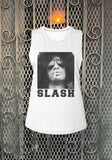 Slash white sleeveless t-shirt featuring a black and white image of his face with a cigarette in his mouth along with "Slash" in large black lettering across the bottom, photographed flat on a metal gate background.
