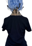 Back of Tom Petty navy t-shirt wit no graphics, displayed on metal wire mannequin.