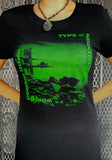 Type O Negative World Coming Down black t-shirt featuring the green album artwork, photographed on a model in front of a metal gate background.