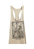 Off white racerback tank top featuring illustration imagery in black showing a witch walking with a broom in her hand along with a skeleton and a goat, photographed flat on a white background.