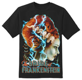 A black t-shirt with a graphic print of 'The Bride of Frankenstein' movie scene with blue lightning and a split image in her hair showing Frankenstein.