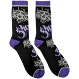 Black crew socks with purple and white Papa imagery and Ghost logo repeating with purple cuff at the top, heel, and toe area.